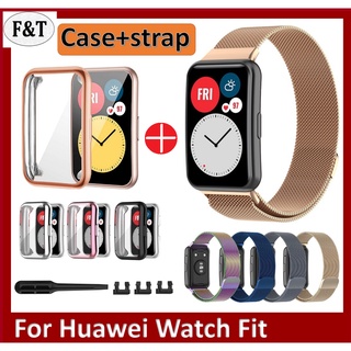 Same Color Huawei Watch Fit Strap+Case Staineless steel Huawei Fit Magnetic Loop metal Strap Huawei Watch Fit Watch band Huawei Watch Fit Case Full Covered Plated Cover