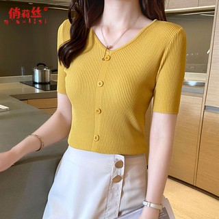 Hielo de seda de punto suéter botón t-shirt mujeres sección delgada 2021 verano V-cuello superior delgado adelgazar manga corta mujeres (1)