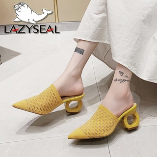 lazyseal 7cm trastwork tacones puntiagudo zapatillas de las mujeres zapatos de tela elástica de malla de aire mulas flip flop deslizamiento en diapositivas más el tamaño 43
