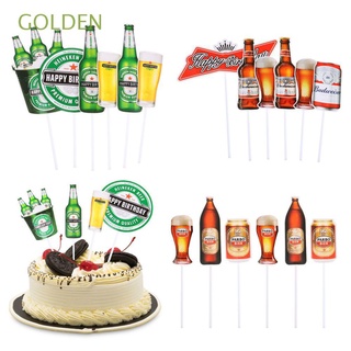 GOLDEN Rojo Tapa de pastel de cerveza Verde Hornear DIY Bandera de pastel Fiesta Decoración de bodas Feliz cumpleaños a ti. 6 piezas / set Cupcake cover/Multicolor