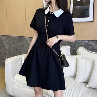 Summer Women's New Retro Polo-Collar Black Dress Waist Slimming Short Sleeve Women's Clothing