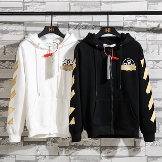 Hot sale OFF WHITE Coats ready stock High quality striped arrow printing fashion zipper hooded jacket For Women/Men