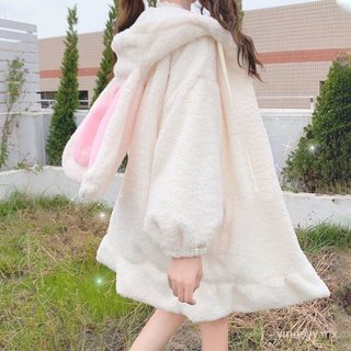Otoño e Invierno nuevo japonés lindo Orejas de conejo con capucha de piel de cordero más terciopelo grueso de felpa conejo suéter abrigo para mujeres (1)
