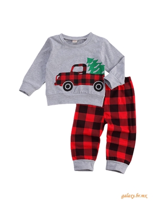 ZHY-2 piezas traje de niños, niño niña O-cuello de manga larga camión de impresión superior, cuadros de impresión pantalones largos (1)