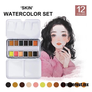 [Oemperout] caja de estaño de 12 colores de piel de acuarela sólida pintura de Color de agua para retratos dibujo