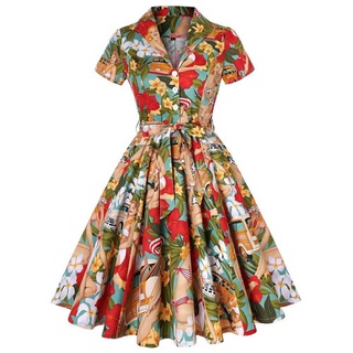 [0911]algodón hepburn estilo retro con cordones grande falda vestido para señoras impresión vestido