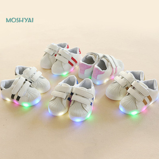 Moshyai niños niño niñas raya LED luminoso cuero sintético deporte zapatillas de deporte zapatillas de deporte