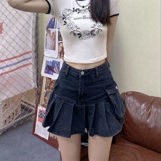 【inventario disponible】liu*Falda de mezclilla plisada para mujer de verano, la nueva versión coreana de la cintura alta era delgada y combinada con una pequeña falda a la cadera (9)