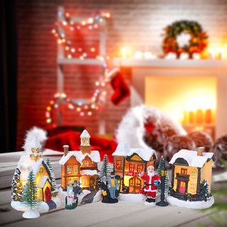 led feliz navidad luminosa casa santa decoración figuritas edificios miniatura árbol de nieve resina set de regalo para bricolaje