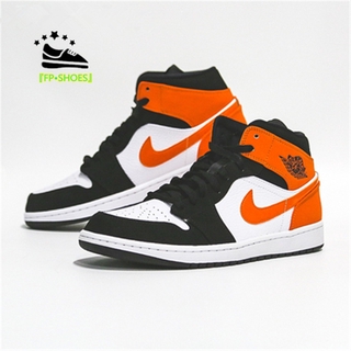 【100%】 NIKE AIR JORDAN 1 MID AJ1 corte medio de las mujeres zapatos de baloncesto Unisex hombres zapatos de los hombres zapatos de deporte naranja negro uNaa