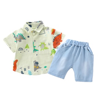 Camiseta+pantalones cortos 2pcs Jeans Budak 0-5 años de edad bebé conjunto de ropa de niños conjunto de niños moda manga corta camisa Baju algodón niños camisa corta Tops (5)