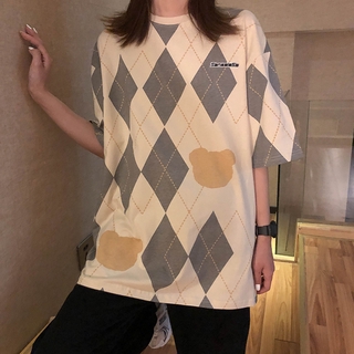 Las mujeres blusa de gran tamaño camisa de moda diamante patrón de impresión Tops cuello redondo manga corta T-shirt