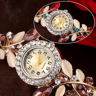 <Sale> Women\'s Leaves Round Dial Rhinestone Inlaid Bracelet Quartz Dress Wrist Watch