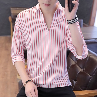 nuevo ariival hombres moda manga corta casual negocios camisas camisetas verano manga corta camiseta de los hombres espíritu chico ropa de los hombres de la moda coreana v-cuello suelto raya media manga cuerpo (6)