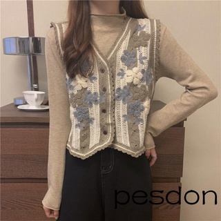 Whe-recente ventas calientes mujeres bloque de Color chaleco de punto, adultos de un solo pecho flor bordado patrón cuello en V suéter