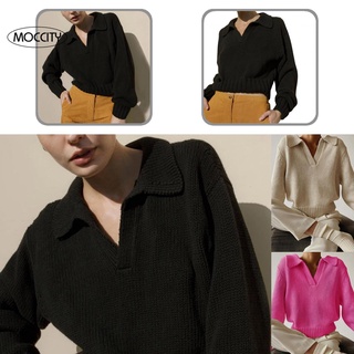 [moccity] Autumn Winter Knitted Top Loose V Neck Knitted Pullover Warm for Daily Wear