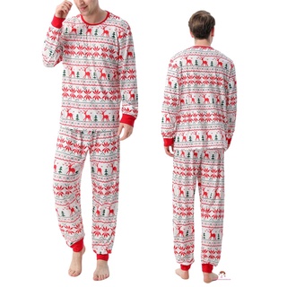 Xzq7-navidad familia coincidencia pijamas, impresión alce de manga larga cuello redondo Tops con pantalones (5)
