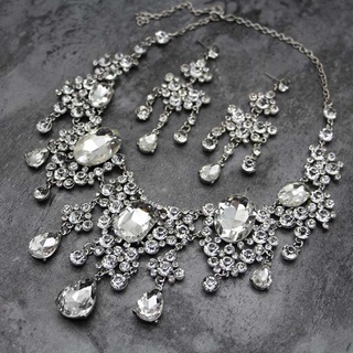 sujianxia 2Pcs/Set Shiny Full Rhinestone Tassel Bridal Statement Bib Necklace Earrings (3)