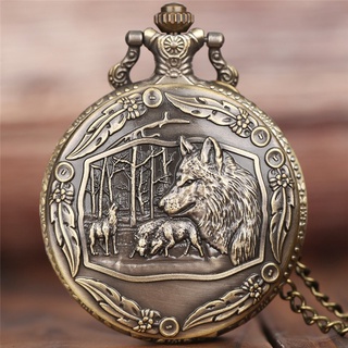 Creativo Wild Wolf Retro bronce reloj de bolsillo hombres mujeres moda colgante impresionante Animal reloj de cuarzo con collar cadena mejor regalo
