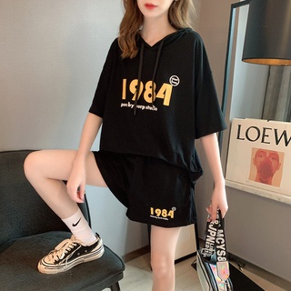 {ready stock} conjunto de pantalones cortos deportivos de las mujeres verano 2021 nueva moda suelta coreana con capucha suéter de manga corta casual de dos piezas conjunto (3)