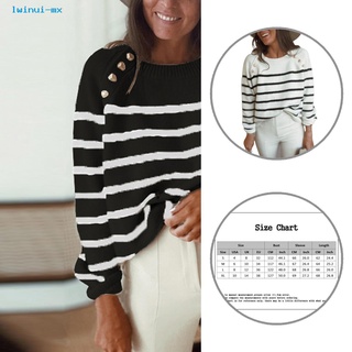 lwinui Sweater Women Sweater Horizontal Stripes Buttons Sweater All Match Streetwear