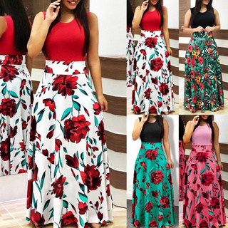♛fiona01♛ Women Summer Sleeveless Floral Printed Sundress Casual Swing Dress Maxi Dress
