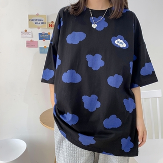 Fresco de la moda de gran tamaño de la mitad de la blusa de la camiseta de las mujeres Top planeta barco patrón impreso suelto de manga corta camisetas (1)
