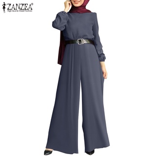 ZANZEA Women Muslim Casual Full Sleeve Wide Leg Solid Color Long Jumpsuit