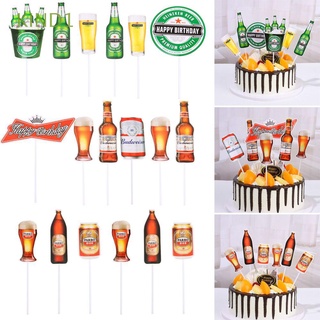 KIND1 6 piezas / set Tapa de pastel de cerveza Verde Cupcake cover Bandera de pastel Fiesta Rojo Decoración de bodas Feliz cumpleaños a ti. Hornear DIY/Multicolor