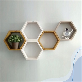 Estantes de madera hexagonales, estantes de pared minimalistas, estantes de flores de madera de teca holandesa
