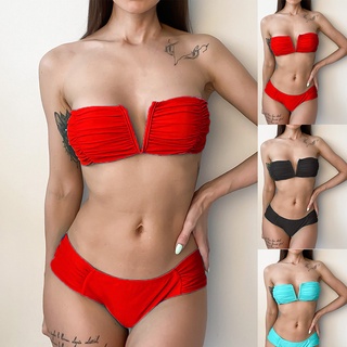 mujer moda sexy sujetador bikini cintura alta color sólido split traje de baño