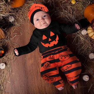 ╭trendywill╮Infant Newborn Baby Halloween Romper Tops +Pumpkin Stripe Pants+Hat Clothes Sets (1)
