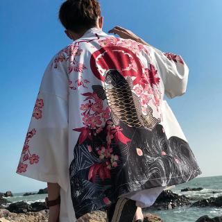 Hombres japonés Kimono Casual Casual media manga abierta frontal Cardigan (1)