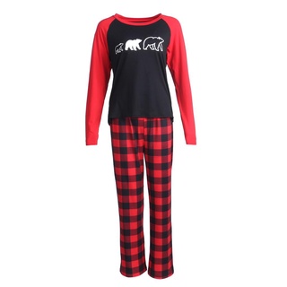 ✲Wq✦Padre-hijo de navidad pijamas traje, cuello redondo camiseta + cuadros pantalones largos/Patchwork body (5)