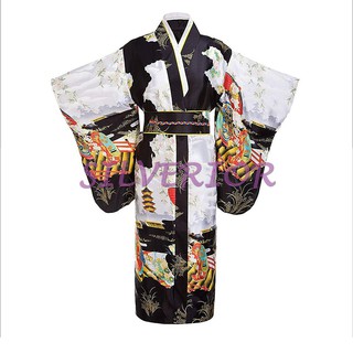 Kimono japonés tradicional Yukata negro Obi traje para mujer