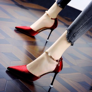 Sexy satén tobillo-Correa hebilla punta puntiaguda diamante rojo zapatos de boda2021Primavera Stiletto tacón vestido tacones altos zapatos de mujer (1)