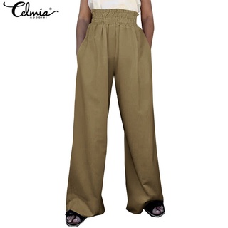 CELMIA Women Casual WIth Pockets Elastic Waist Loose Wide Leg Long Trousers