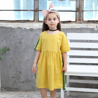 Kids Girls Simple Dress Short Sleeves Round Neck Loose Princess Dress for Summer