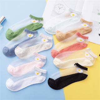 1 par de calcetines de tobillo de margarita flor/coreano transparente de cristal de malla de vidrio de seda calcetines/mujeres Ultra-delgada barco calcetines