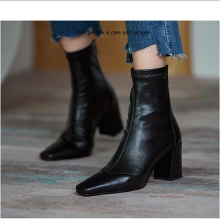 Botas marrones francesas que adelgazan las botas cortas Retro de otoño e invierno de las mujeres de media pantorrilla de punta cuadrada botas delgadas de tacón grueso botas elásticas de tacón alto (6)