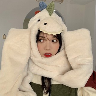 Corea del sur lindo de dibujos animados dinosaurio forma de felpa sombrero bufanda guantes una mujer caliente gruesa oreja protección gorra
