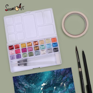 Seamiart_12/24 Colors Glittery Metallica Solid Watercolor Set with 1pc Plastic box & Palette for Painting/Decoration/Nail (1)