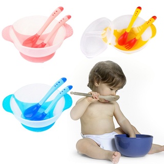 3 unids/Set bebé vajilla Kit de alimentación infantil tazón con ventosa detección de temperatura cuchara tenedor platos vajilla vajilla (1)