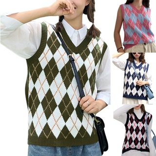 Latopee mujer Streetwear Preppy estilo prendas de punto tanque cuello V Argyle cuadros suéter de punto