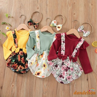 DANDELION-Baby Girl Summer Outfit Set, Color sólido camiseta de manga larga + Floral