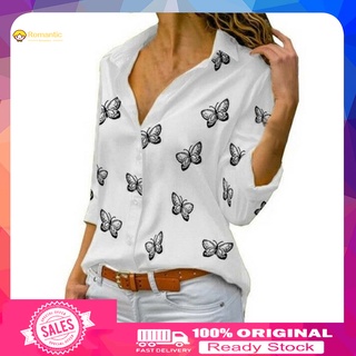 [Listo stock] Botones Mujeres Camisa Mariposa Impreso Primavera Blusa Turn-down Cuello Para Uso Diario