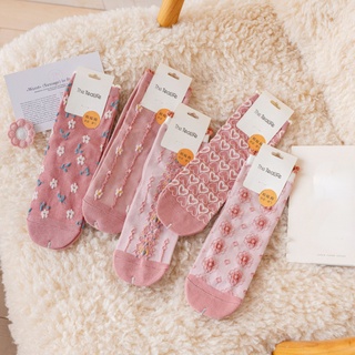 1 par de estilo coreano de las mujeres de algodón liso calcetines de encaje calcetines de las mujeres calcetines largos de color rosa