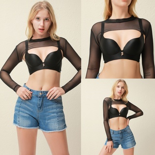 【In stock】Women Summer Short Sheer Mesh Long Sleeve Blouse Top
