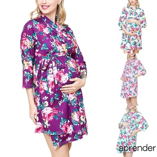 ❃Bn❣Traje de maternidad, impresión de flores cuello en V codo manga túnica con cinturón de cintura+manta de envolver+ diadema para embarazadas