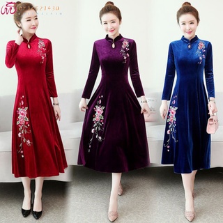 eric521430 Women Velvet Cheongsam Dress Temperament Flower Embroidery Long-sleeved High-waisted A-line Skirt Button